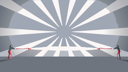 Flat vector illustration of two people pulling ropes in opposite directions in front of a minimal background with radiating beams forming a sunburst pattern