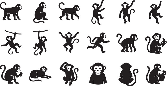 A comprehensive collection of diverse black silhouette monkey illustrations, showcasing various primates in dynamic poses and actions suitable for vector graphics, animal-themed designs, and icon sets