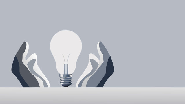 Flat vector illustration of a glowing light bulb concept with hands representing an idea or inspiration in a creative business or innovation setting with a grey background - Powered by Adobe