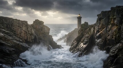 Lighthouse Stands Amidst Stormy Ocean Waves and Rocky Cliffs