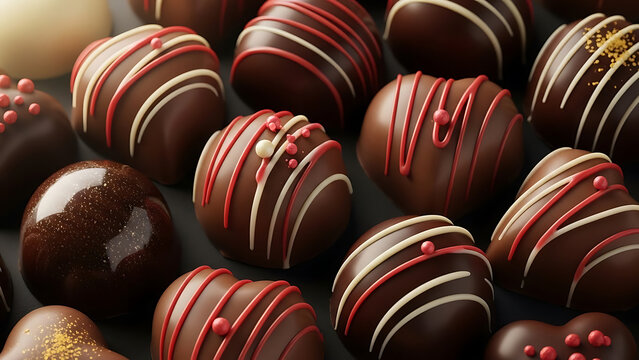 Dark chocolate truffles collection with red and white glaze stripes for gourmet candy shop display and sweet holiday dessert background and cocoa luxury treats for valentine feast and food art