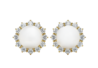 Elegant gold earrings with white pearls and sparkling diamonds isolated on transparent background