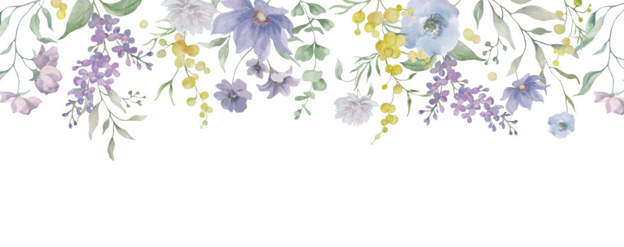 
Watercolor floral border with mimosa and lilac spring flowers in soft pastel colors. Habd drawn illustration. Vector EPS.