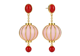 Elegant pink lantern shaped earrings with gold accents and red beads on white isolated on transparent background