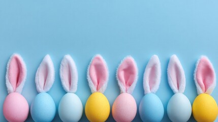 Top view of easter party setup with pastel blue, pink, yellow, and white eggs and bunny ears on light blue background with central copy space for festive spring celebration