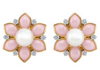 Elegant pearl and pink gemstone flower earrings with gold and diamond accents isolated on transparent background