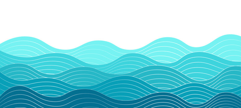 Sea waves background with blue water lines. Minimalist sea waves vector elegant curved shapes on white backdrop. Simple marine design displays layered patterns of sea waves.
