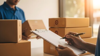 Close-up of a person taking notes on a clipboard with stacked cardboard boxes in a warehouse setting with natural light.