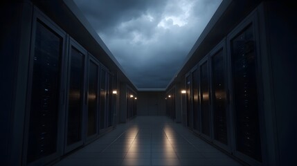 A dramatic shadowy server room corridor under a stormy twilight sky