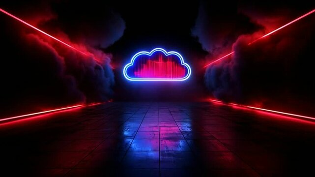 Neon cloud symbol in dark futuristic tunnel with red laser lights