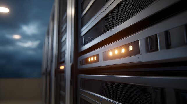 Close up of server racks with glowing orange indicator lights in a data center - Powered by Adobe