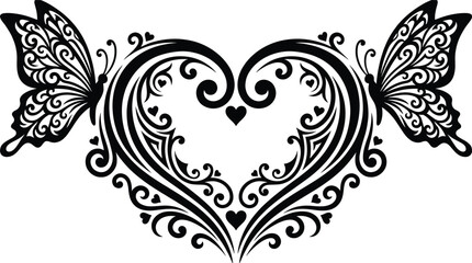 Ornamental heart shape with elegant butterflies floral swirls romantic tattoo style black and white vector illustration isolated on white background decorative love symbol design © Sawda's World