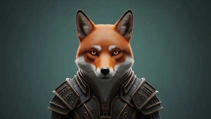 A striking portrait of a anthropomorphic fox wearing ornate armor, with piercing golden eyes and a serious expression.