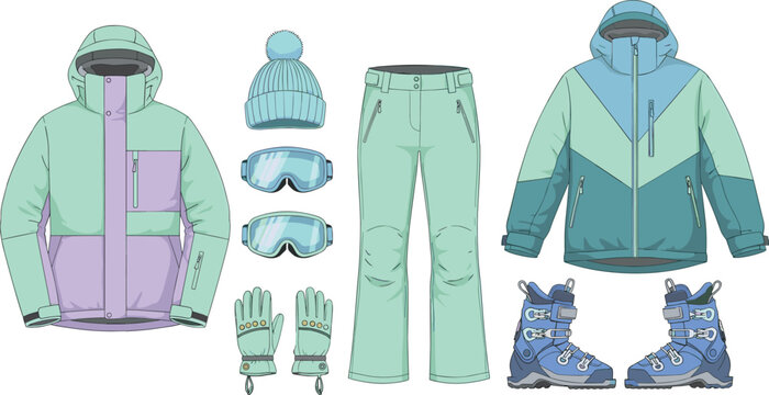 Winter sports gear set, ski outfit, snowboarding apparel, goggles, gloves, boots, flat vector illustration, cold weather clothing design
