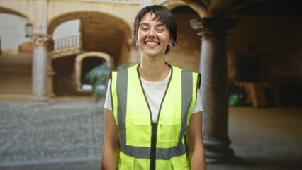 Young woman wearing a high visibility vest and white tshirt, standing and smiling with eyes closed...