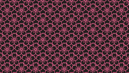 Seamless pattern of cherry blossom flowers with intricate geometric floral motifs against a dark background, perfect for textile design, wallpaper, and decorative applications