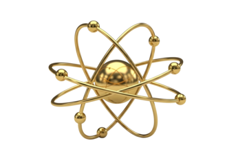 Golden atom symbol isolated on transparent background with orbiting electrons