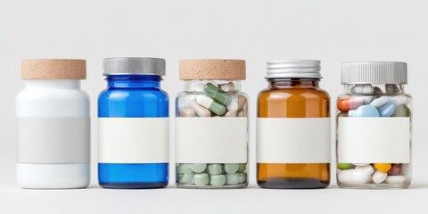 Five Medicine Bottles Lined Up With Cork and Metal Lids White Background Studio Shot