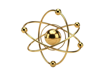 Golden atom symbol isolated on transparent background with orbiting electrons