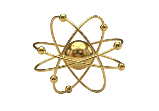 Golden atom symbol isolated on transparent background with orbiting electrons - Powered by Adobe