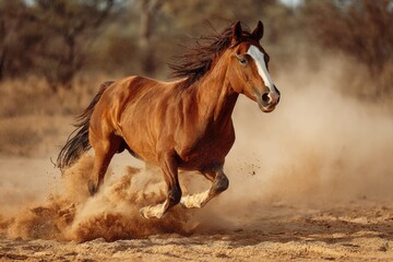 Bay Horse Running in Dusty Terrain