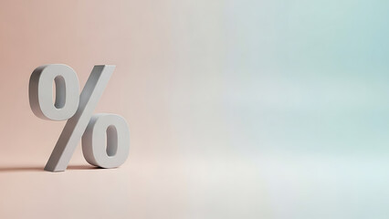 Minimalist 3D white percentage symbol casting subtle shadow on a soft gradient background, symbolizing discounts, sales, finance, and data analysis.