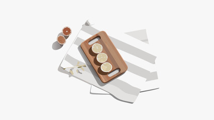 Flat vector illustration of a wooden cutting board with lemons on a striped cloth next to two cups of juice with kitchen and food and healthy eating