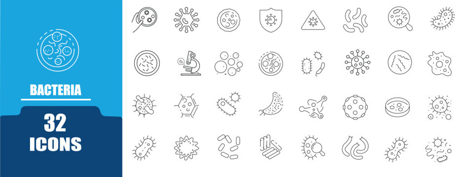 Bacteria  icon set.Bacteria  research outine icons set with editable stroke.Containing Bacteria, Shield,Virus Microscope,Immuneand more.Editable stroke. Vector illustration