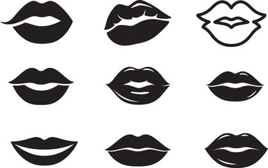 kiss lips black and white silhouette icon set.