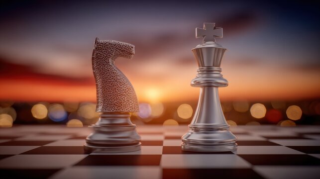 Silver Chess Pieces Knight and King on Board at Sunset with Bokeh Lights
