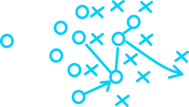 Abstract hand drawn arrows, circles, and crosses forming a flow pattern on white background, symbolizing strategy, planning, process, and movement.
