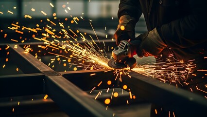 Close-up of a person's hands welding a metal frame with sparks flying, in a workshop setting with a dark background and warm tones.