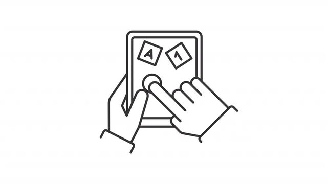 Animated gamification of education line icon. Hands holding digital tablet with development app animation. Interactive learning. Outline element on white background. HD video with alpha channel