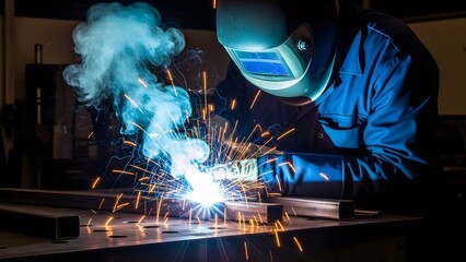 A welder in protective gear welding metal with sparks and smoke in a dark workshop setting.