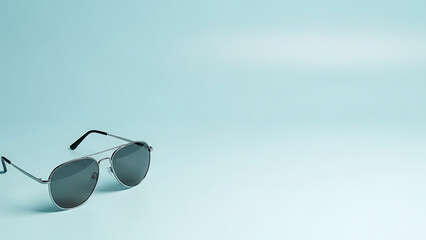 Silver aviator sunglasses with dark lenses lie on a light blue surface, capturing the essence of summer fashion and iconic eyewear for a clean, modern aesthetic.