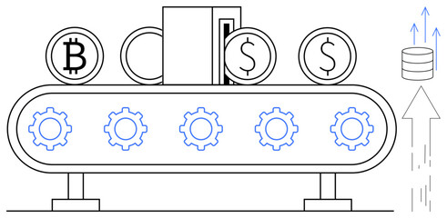 Obraz premium Cryptocurrency, financial automation, blockchain, fintech, mining processes, and digital economy. Conveyor belt with coins and gears denoting transaction flow. Cryptocurrency and blockchain