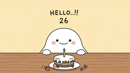 Cute ghost celebrating 26th birthday with cake and candle