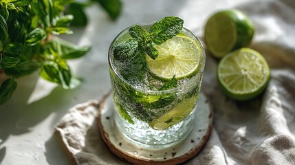 Fresh mojito style cocktail with lime slice and mint leaves in dewy glass on sunlit white table, basil plant and linen fabric softly blurred in background. Concept for advertising summer drink