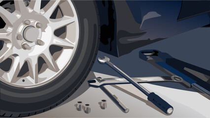 Flat vector illustration of a car wheel removed with tools and parts on a gray surface for repair or maintenance with vehicle and automotive