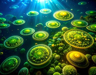 A vibrant, surreal underwater scene with glowing green and yellow orbs