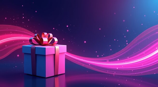 Purple and blue gift box with a bow on a shiny background congrarulation holiday background copy space gradient background
