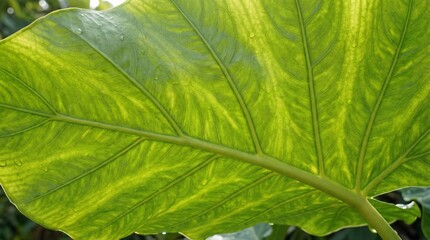 Vibrant green leaf underside glows brightly with backlighting showing detailed veins and water droplets
