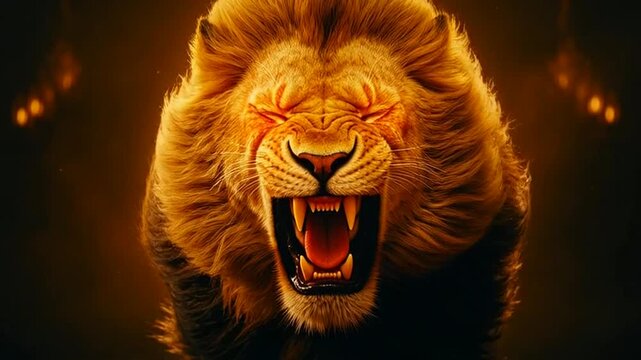 Fierce lion with glowing eyes roaring in dramatic lighting