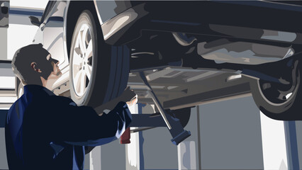 Flat vector illustration of a skilled auto repair worker inspecting and fixing a car with a hydraulic lift in a modern garage with gray walls and large windows