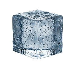 Obraz premium Perfect optical ice cube with condensed water droplets, resting on its melted water pool against a transparent background, concept for beverage advertising