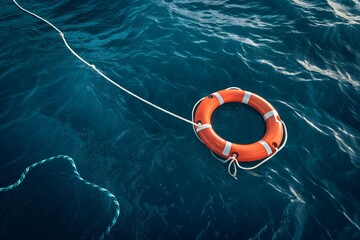 Safety in Blue: A vibrant orange life buoy floats serenely on the surface of deep, inviting ocean waters, tethered to a guiding rope, offering a sense of security and peace.