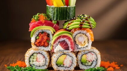 Delicious sushi rolls with fresh ingredients and sesame seeds