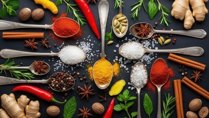 Vibrant spices and herbs arranged on silver spoons