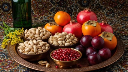Vibrant fruits and nuts on decorative tray with pomegranates persimmons