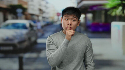Fototapeta premium Young man gestures for silence on a bustling city street, capturing a moment of intrigue and secrecy in an urban outdoor setting.